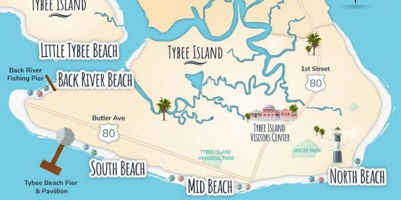 Beach map of Tybee Island