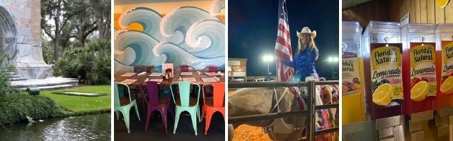Four photos, chairs in a restaurant girl on a horse with an American flag, Florida orange juice bok towers. Fun and romantic things to do in Lake Wales