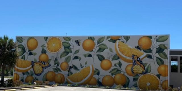 Building with oranges and butterflies painted on it