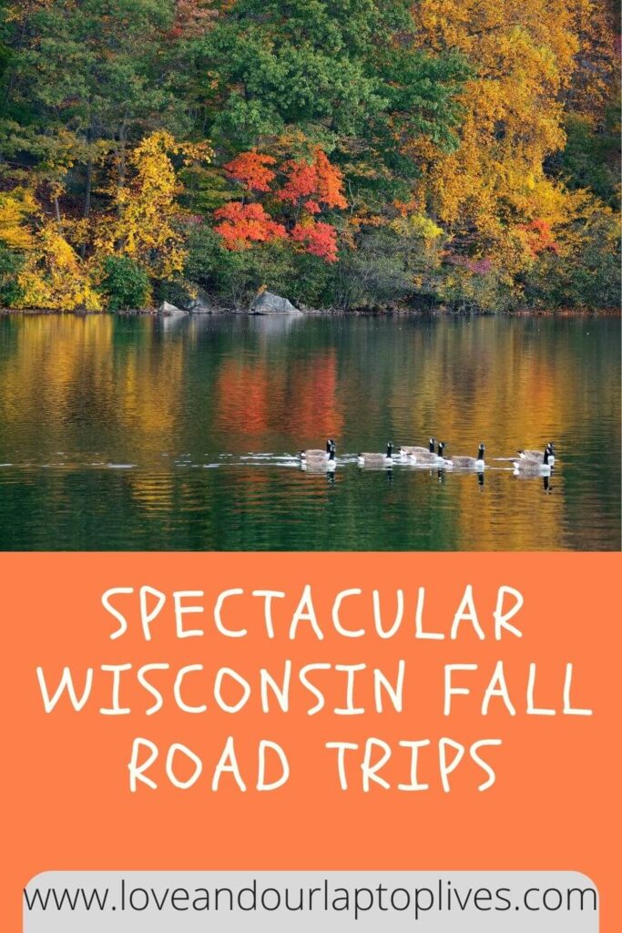 Wisconsin fall Road Trips lakes, colorful trees and ducks in the water