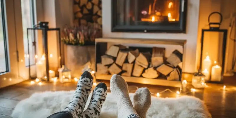 a couple enjoying a indoor fireplace