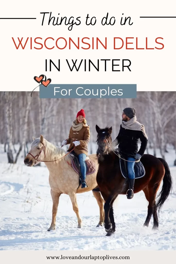 Horseback riding is a top favorite of things to do in Wisconsin Dells in Winter a Couple riding horses in the snow
