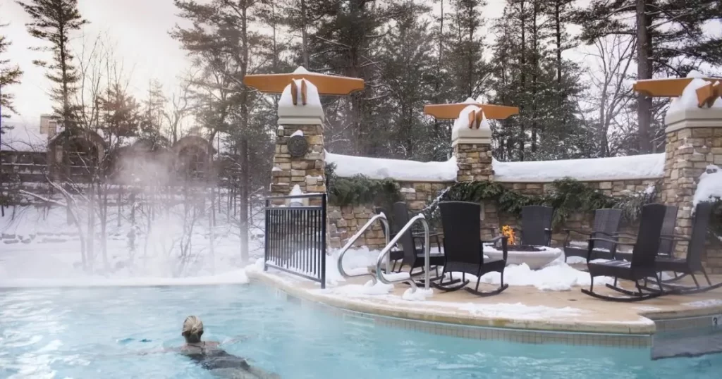An inviting outdoor hot tub in the Wisconsin Dells in Winter looks inviting