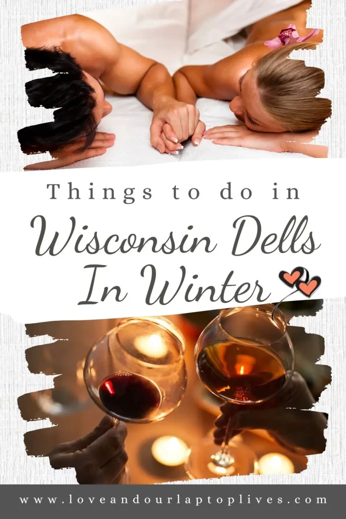 Couples activities are top of the list for things to do in Wisconsin Dells in winter, a cuple getting a massage and a couple enjoying wine
