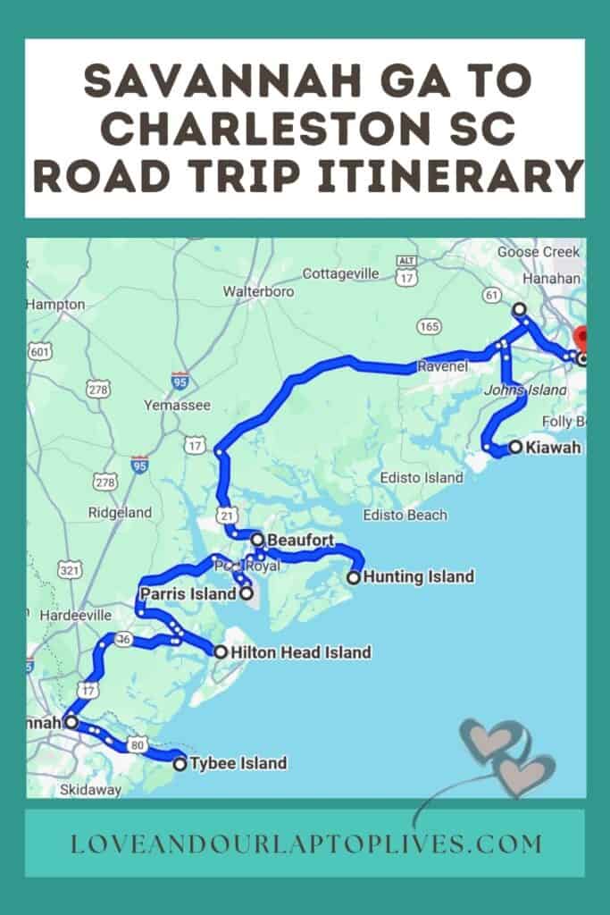A Savannah to Charleston road map pin