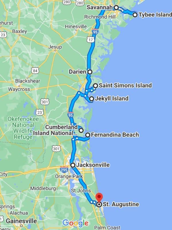 Google map of Savannah to St Augustine route
